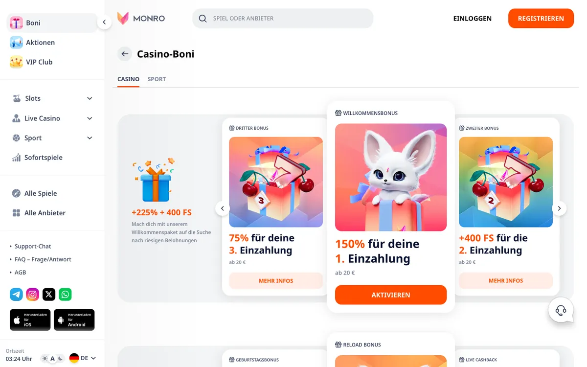 Monro Casino — Promotions, captured from Germany