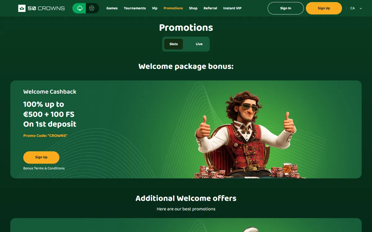 50 Crowns Casino — Promotions, captured from Canada