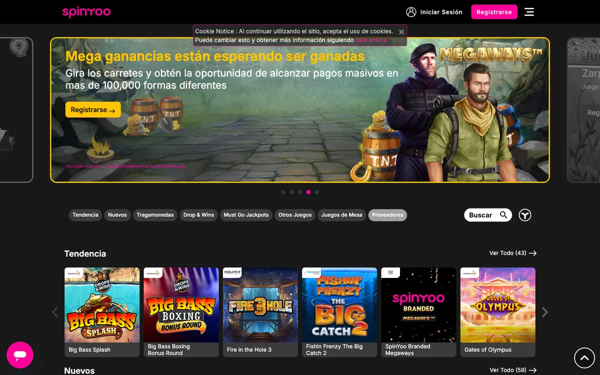 SpinYoo Casino — «Главная», снято из страны Чили