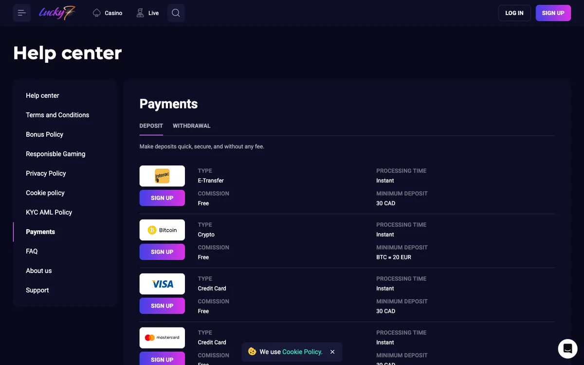 Lucky7even Casino — Payments, captured from Canada