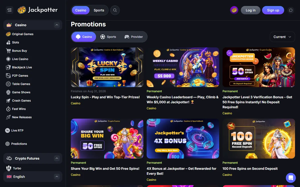 Jackpotter Casino — Promotions, captured from Canada