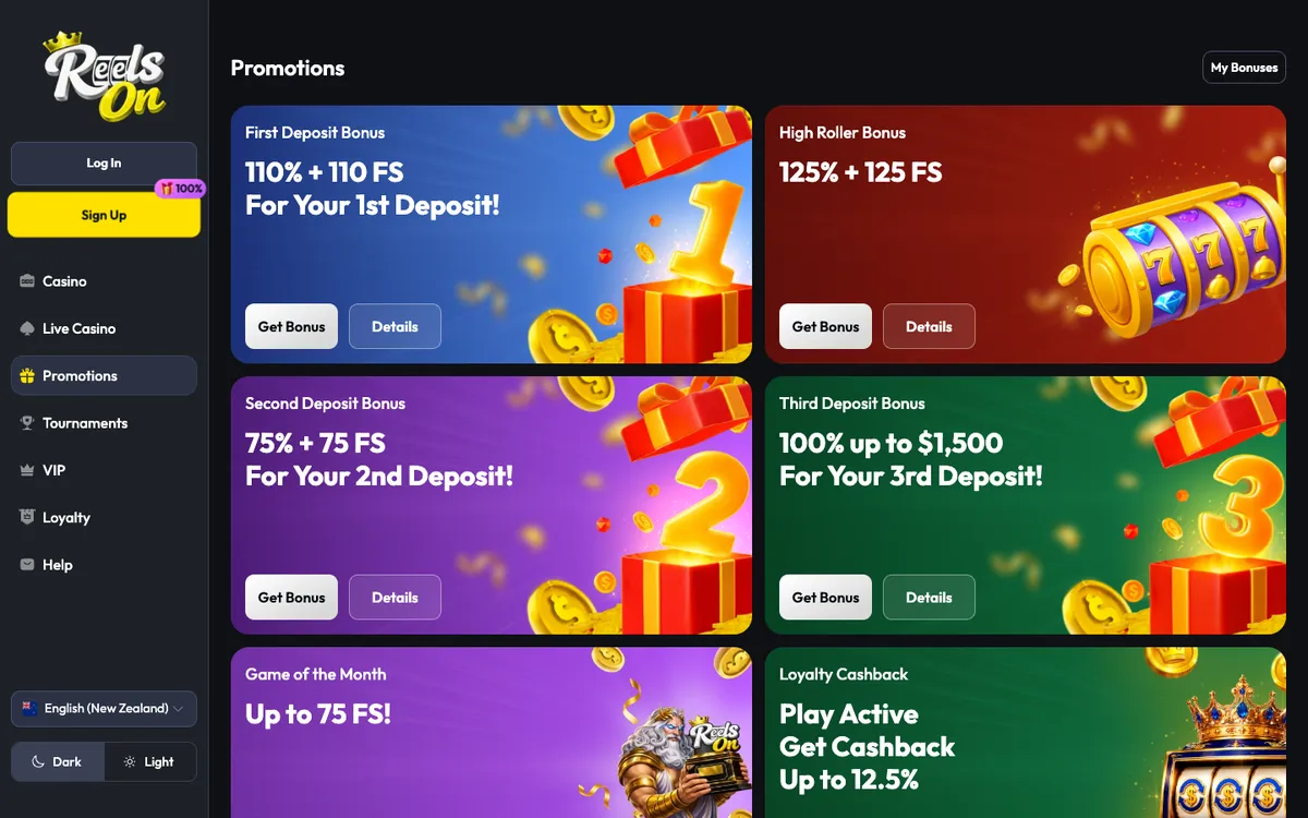 ReelsOn Casino — Promotions, captured from New Zealand