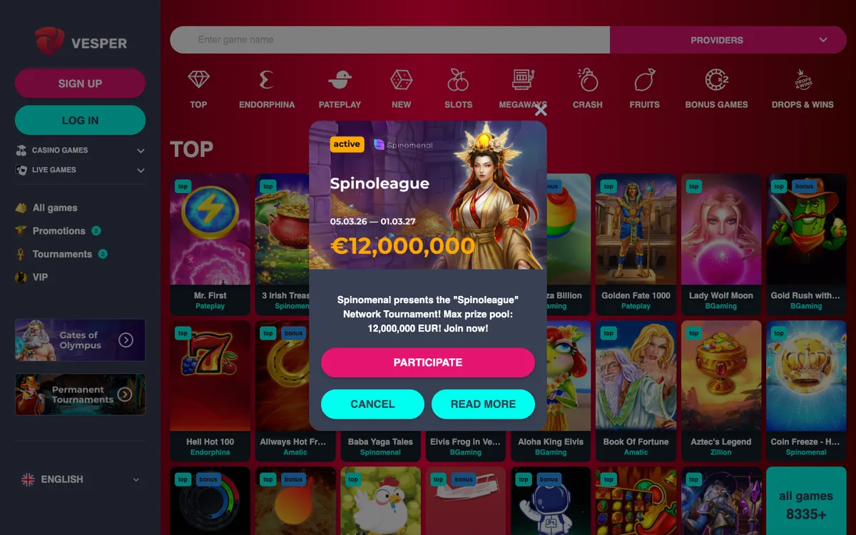 Vesper Casino — Home page, captured from Finland