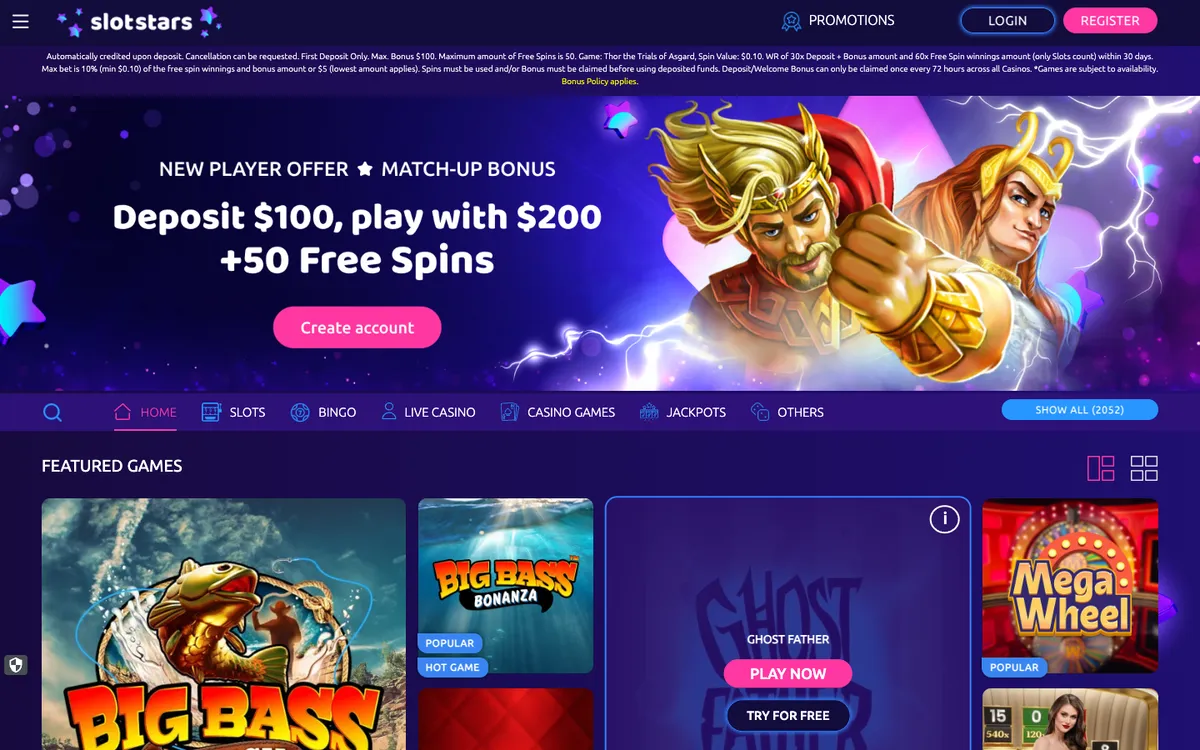 Slotstars Casino — «Главная», снято из страны Канада