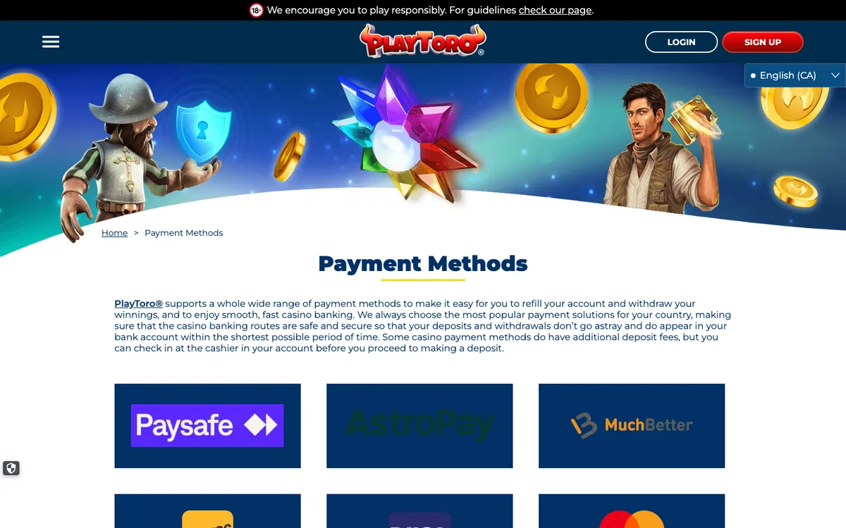 PlayToro Casino — «Платежи», снято из страны Канада