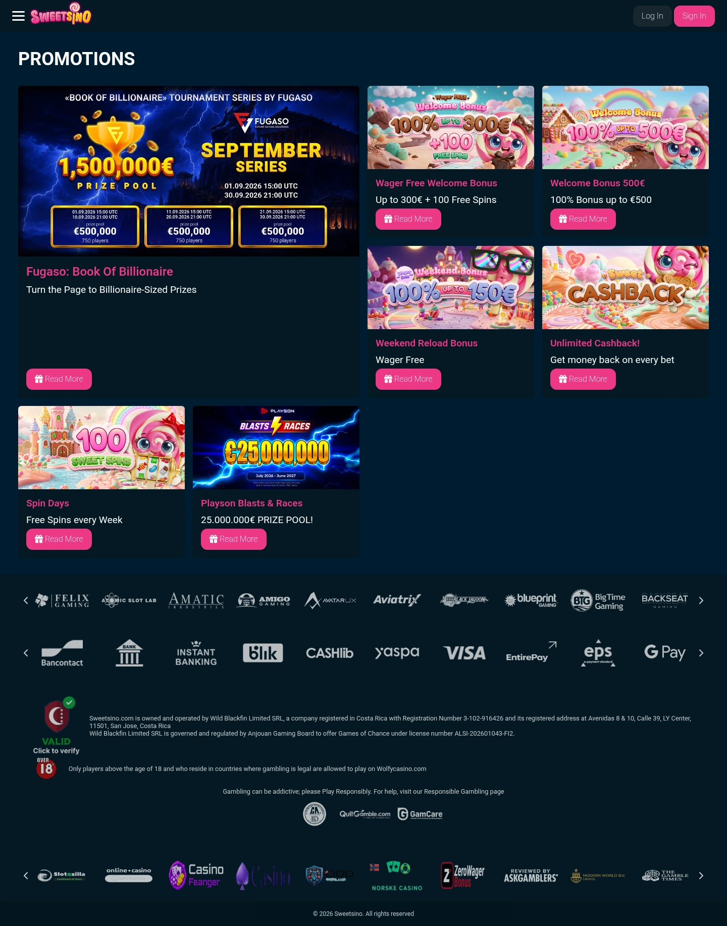 Sweetsino Casino — Promotions, captured from Belgium