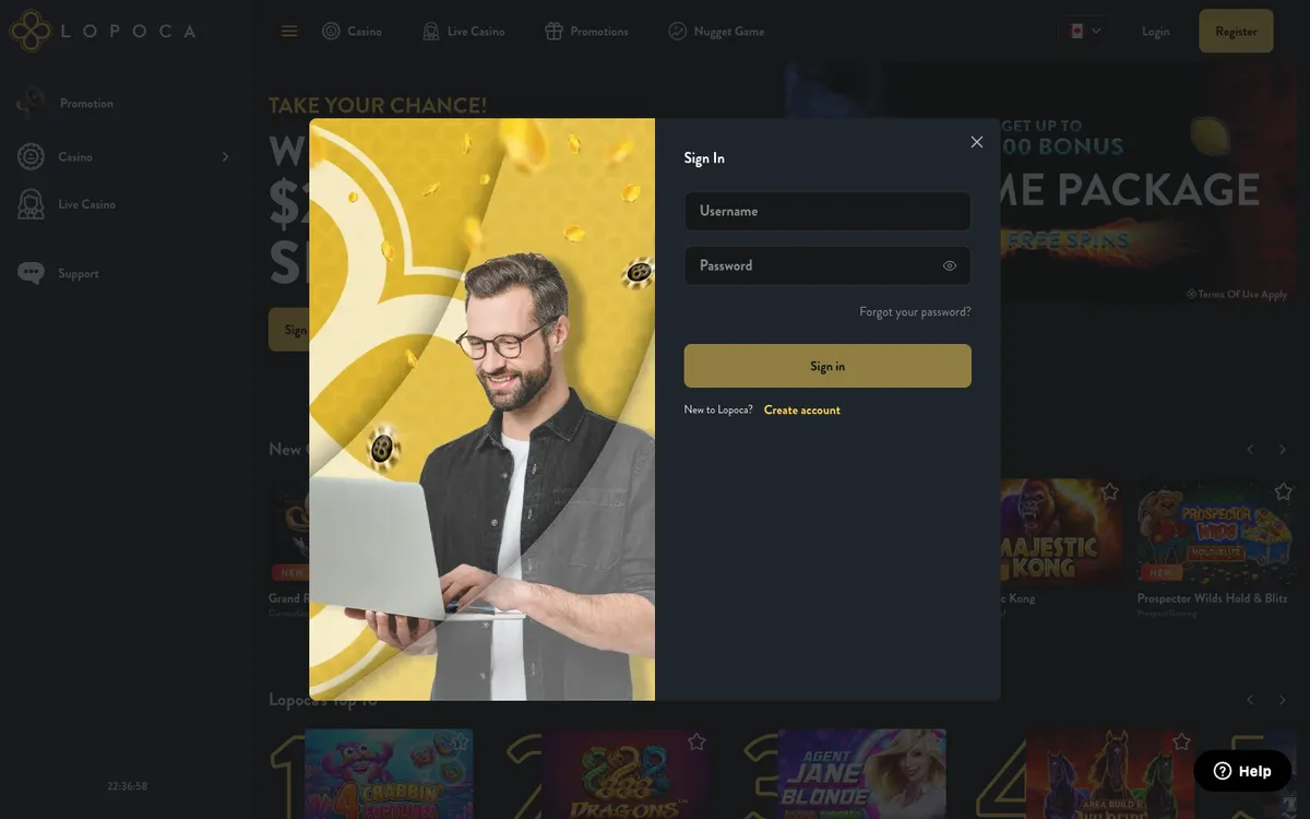 Lopoca Casino — Sign-up, captured from Canada