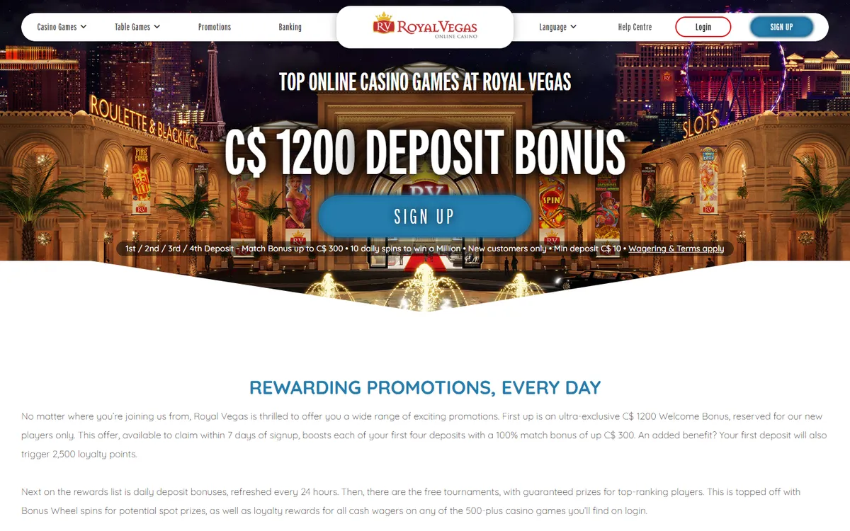 Royal Vegas Casino — «Акции», снято из страны Канада