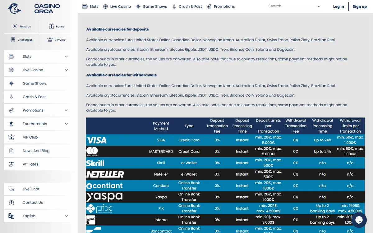 Casino Orca — Payments, captured from Canada