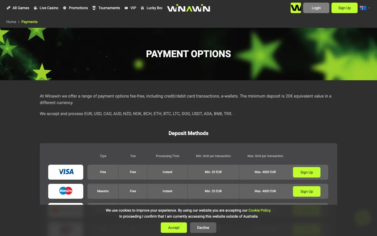 Winawin Casino — «Платежи», снято из страны Австралия