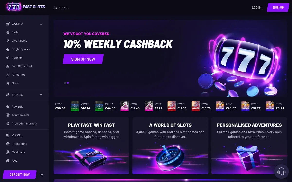 Fast Slots Casino — Home page, captured from New Zealand