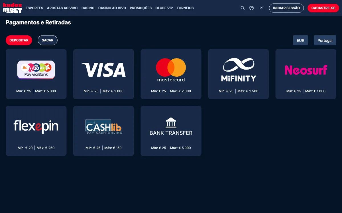Kudosbet Casino — Payments, captured from Portugal