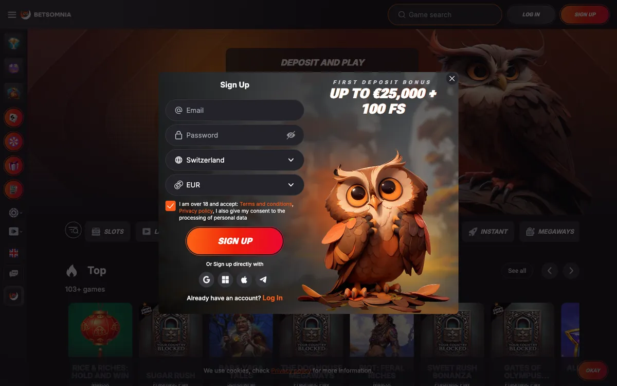 Betsomnia Casino — Sign-up, captured from Switzerland