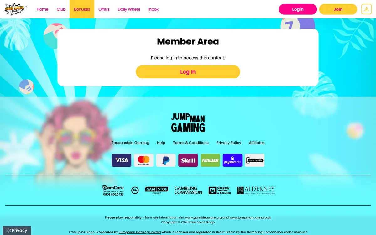 Free Spins Bingo Casino — Promotions, captured from United Kingdom