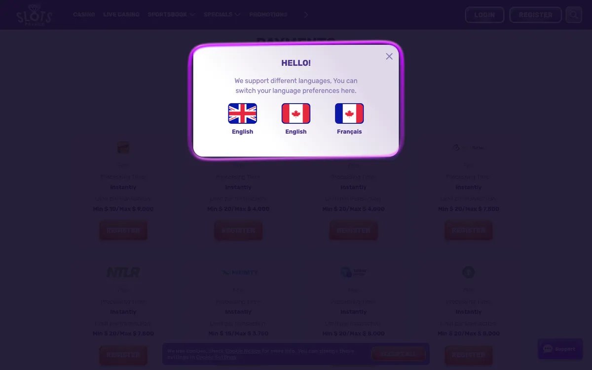 SlotsPalace Casino — «Платежи», снято из страны Канада