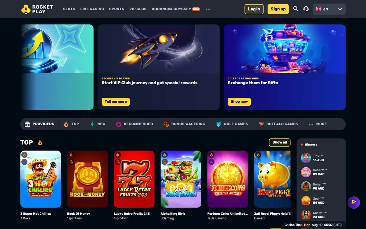 RocketPlay Casino — Home page, captured from Austria