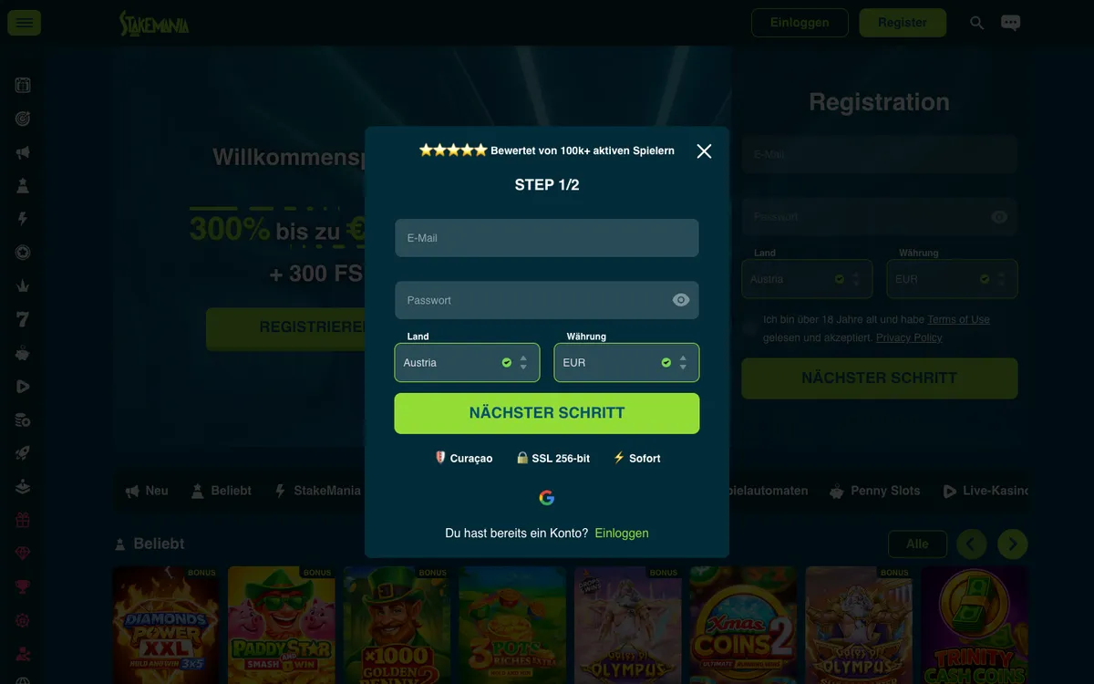 StakeMania Casino — Sign-up, captured from Austria