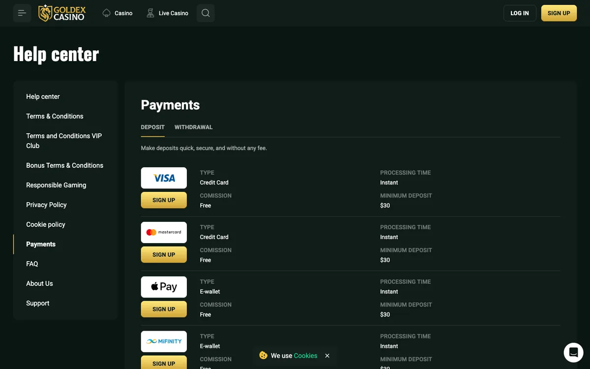 Goldex Casino — Payments, captured from Australia