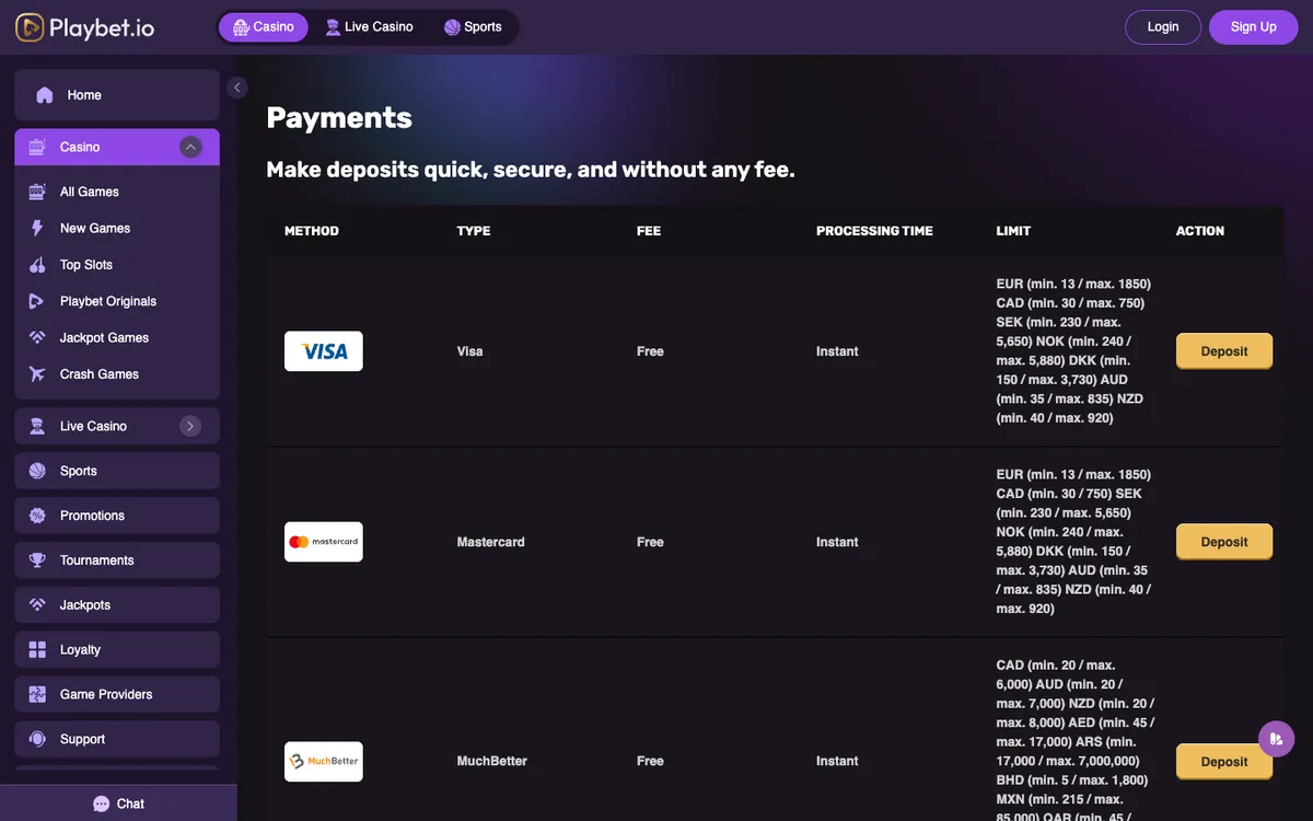 Playbet.io Casino — Payments, captured from United Arab Emirates