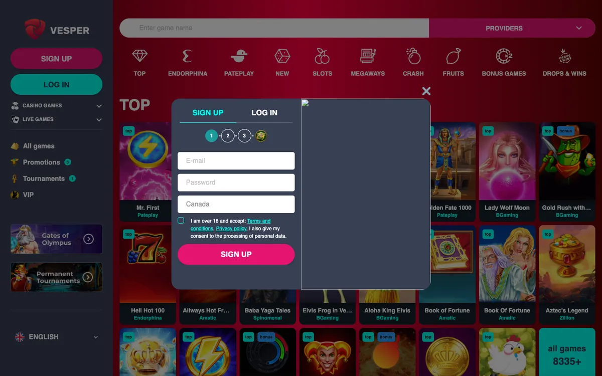 Vesper Casino — Sign-up, captured from Canada