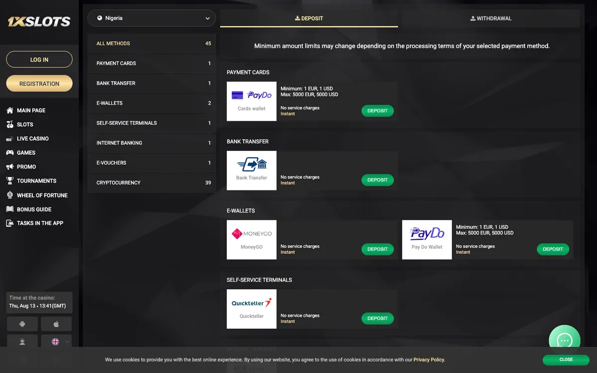 1xSlots Casino — Payments, captured from Nigeria