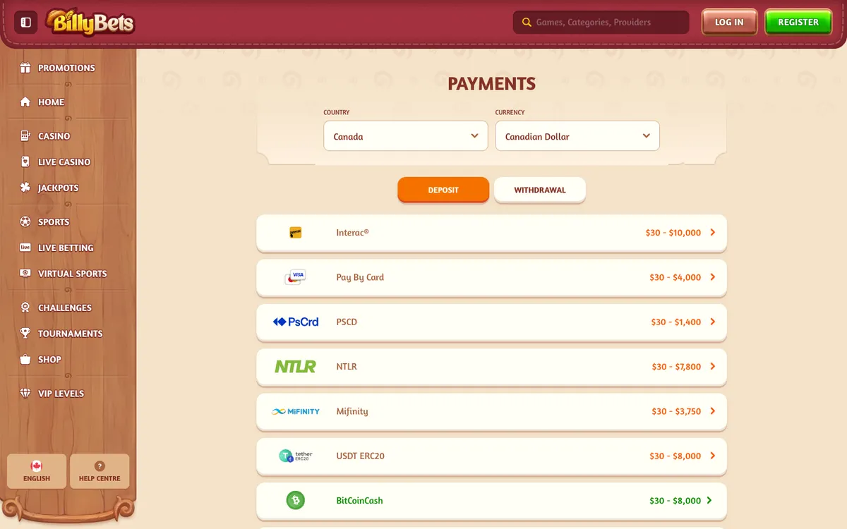 BillyBets Casino — Payments, captured from Canada