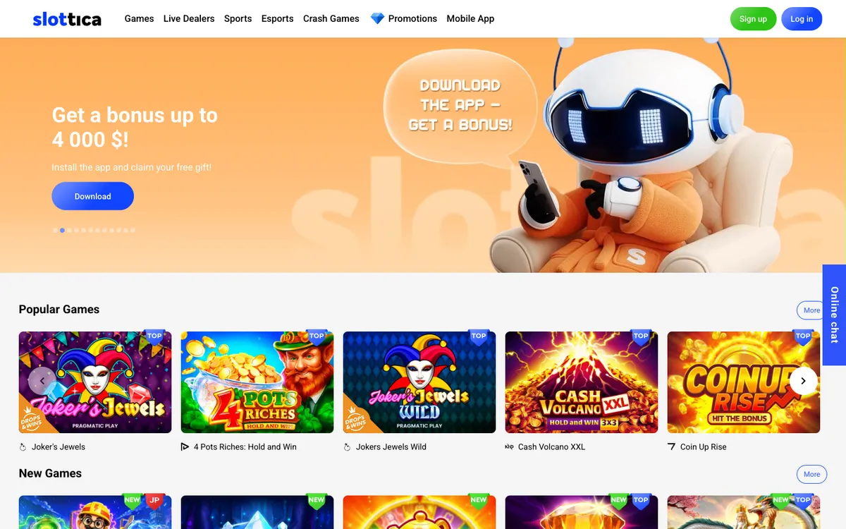 Slottica Casino — Home page, captured from Argentina