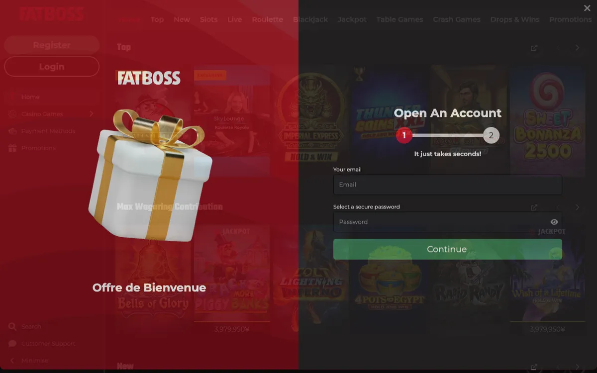 FatBoss Casino — «Регистрация», снято из страны Япония