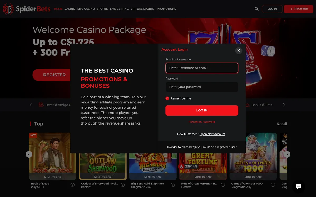 SpiderBets Casino — «Регистрация», снято из страны Канада