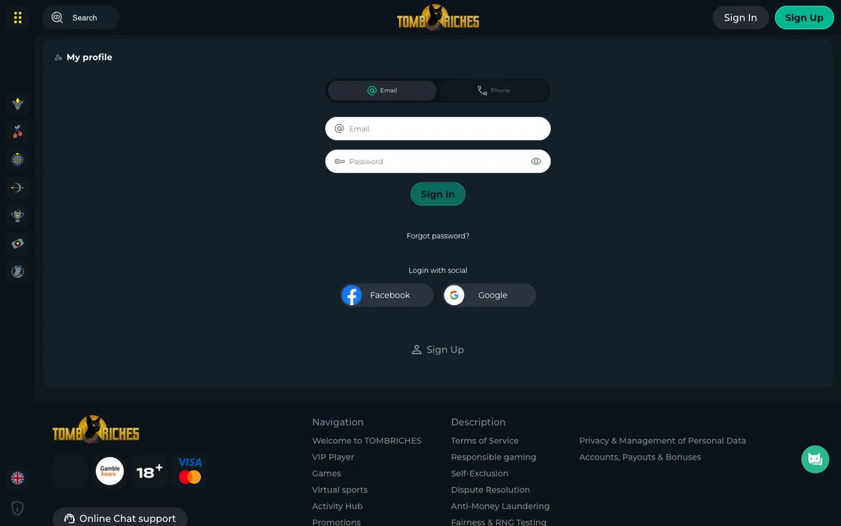 Tomb Riches Casino — Sign-up, captured from Germany