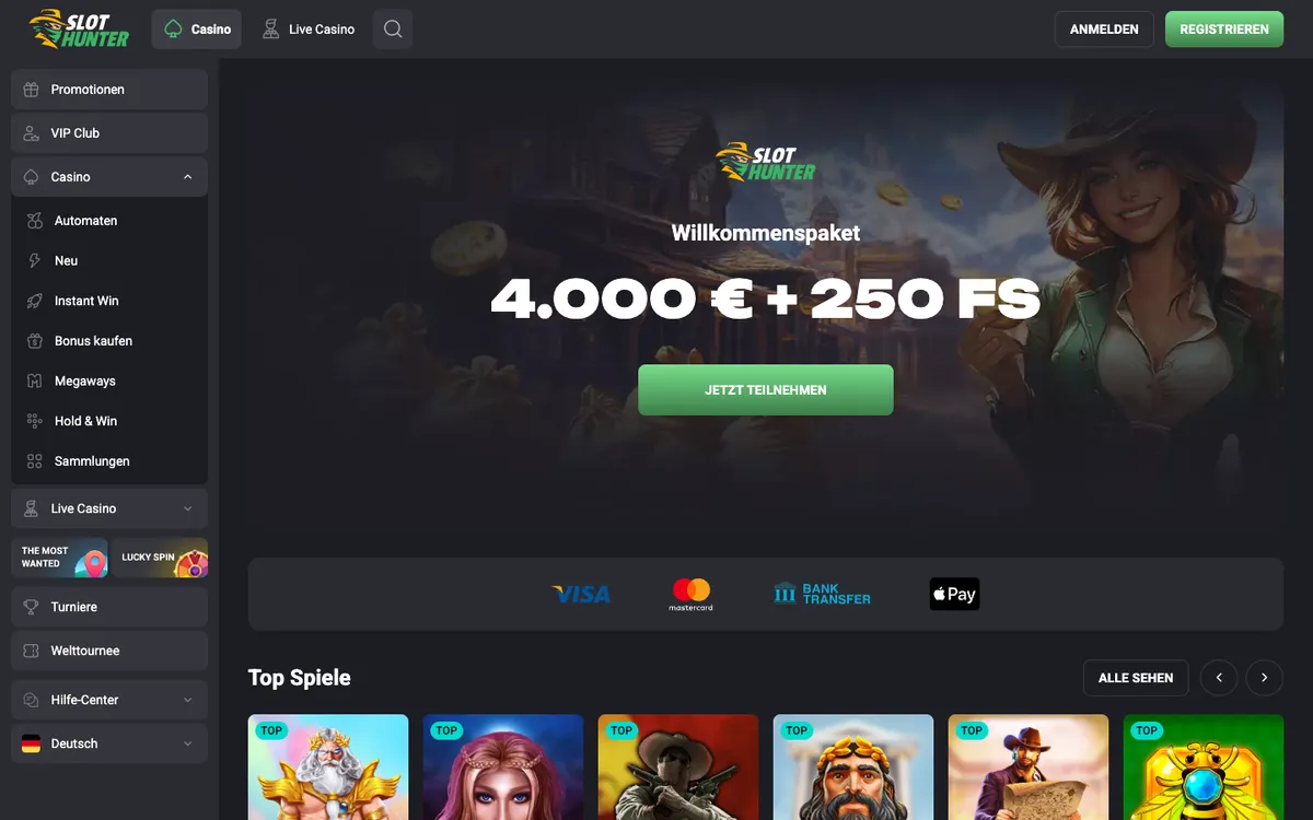 Slot Hunter Casino — Home page, captured from Germany