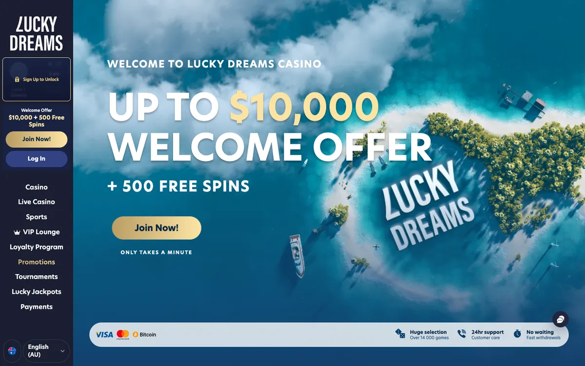 Lucky Dreams Casino — Home page, captured from Australia