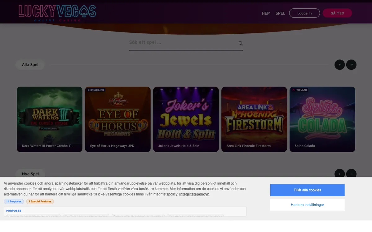 Lucky Vegas Casino — Home page, captured from Sweden
