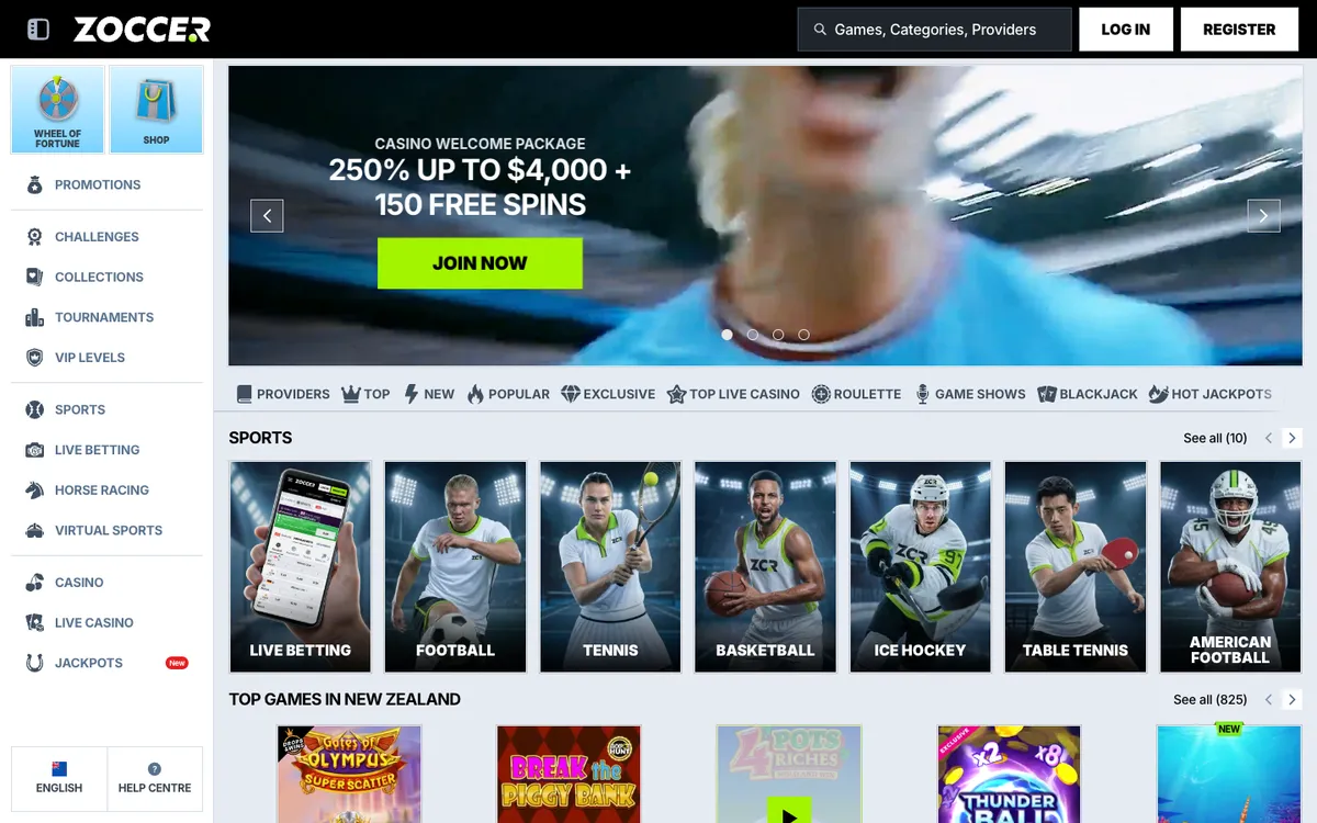 Zoccer Casino — Home page, captured from New Zealand