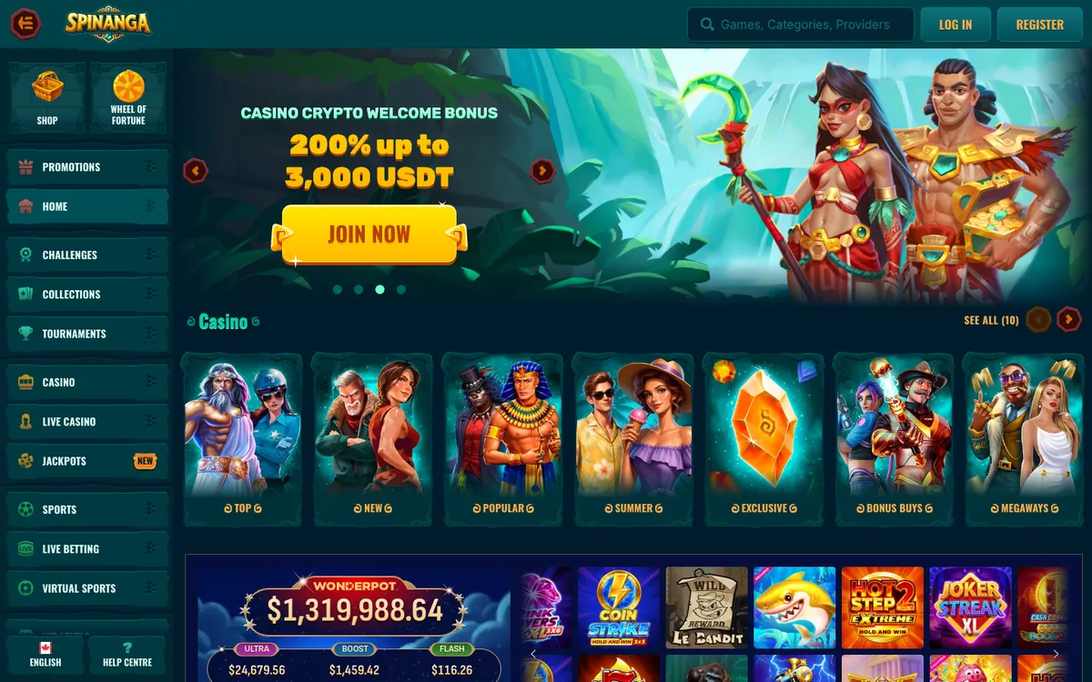 Spinanga Casino — Home page, captured from Canada