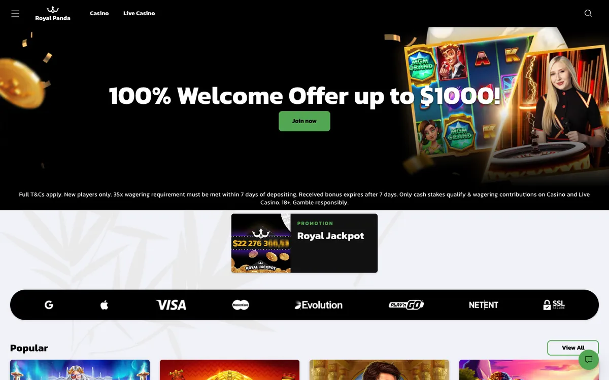 Royal Panda Casino — Home page, captured from United Kingdom