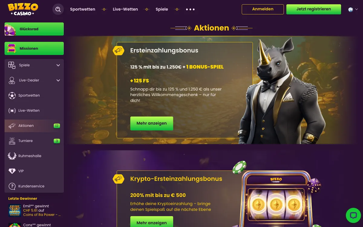 Bizzo Casino — Promotions, captured from Switzerland