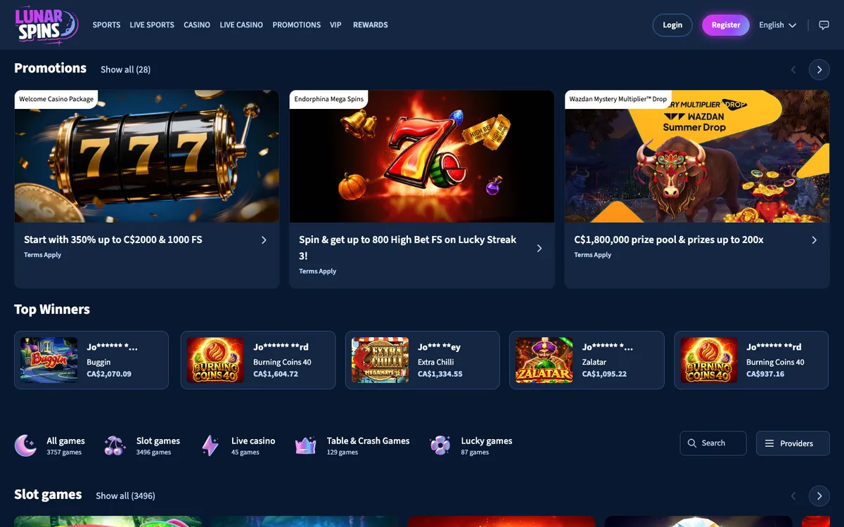 Lunarspins Casino — «Главная», снято из страны Канада