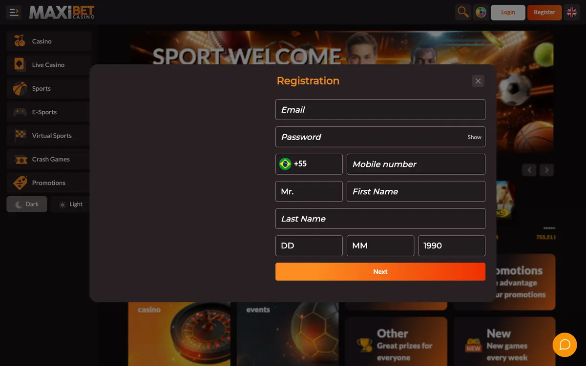 Maxibet Casino — Sign-up, captured from Czechia