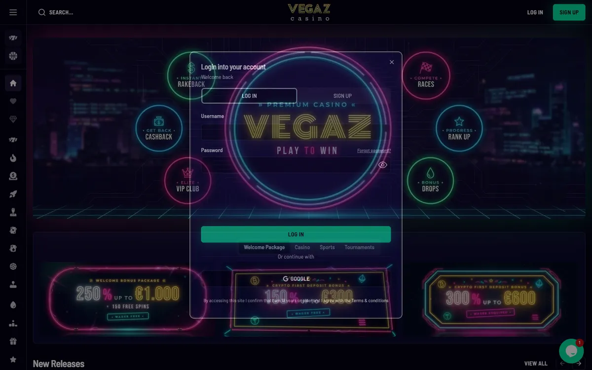 Vegaz Casino — «Регистрация», снято из страны Германия