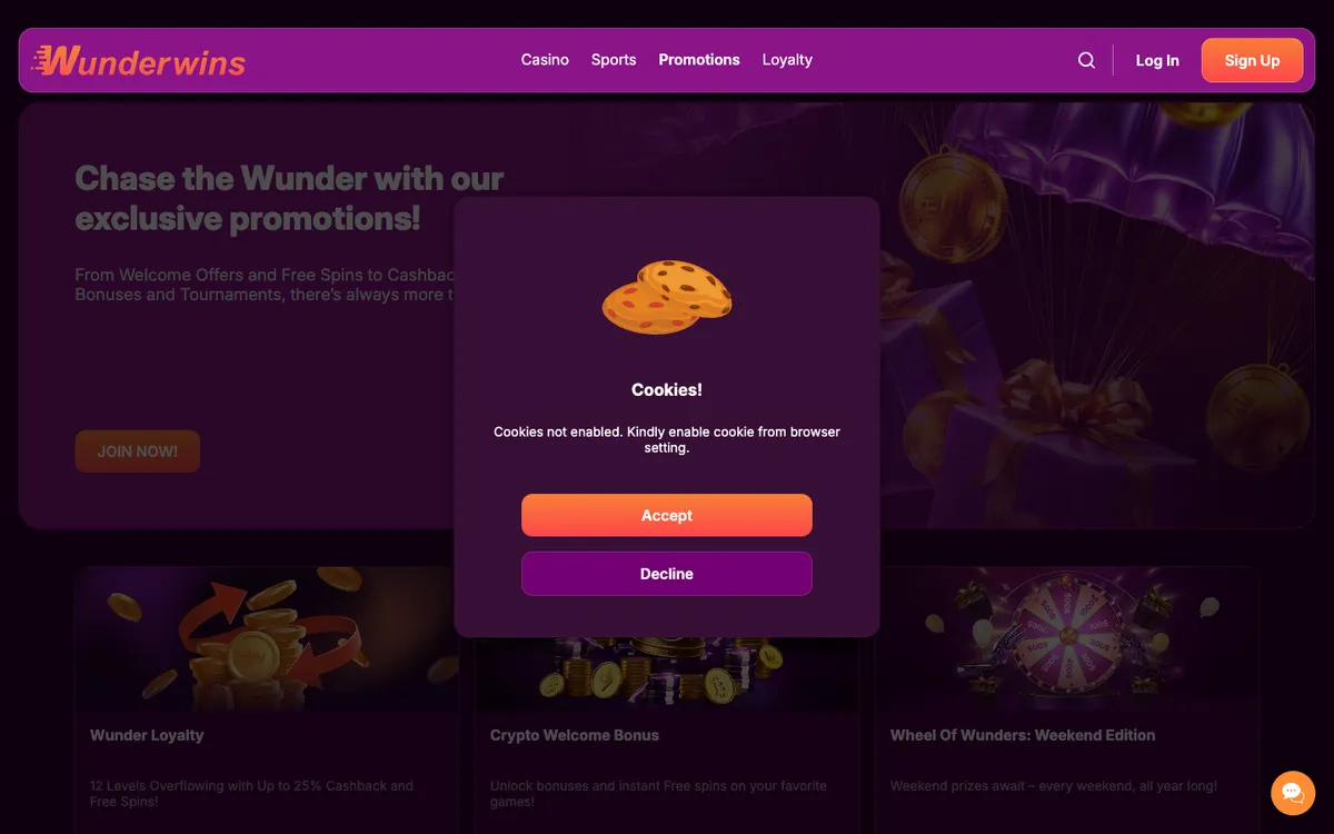 Wunderwins Casino — «Акции», снято из страны Канада