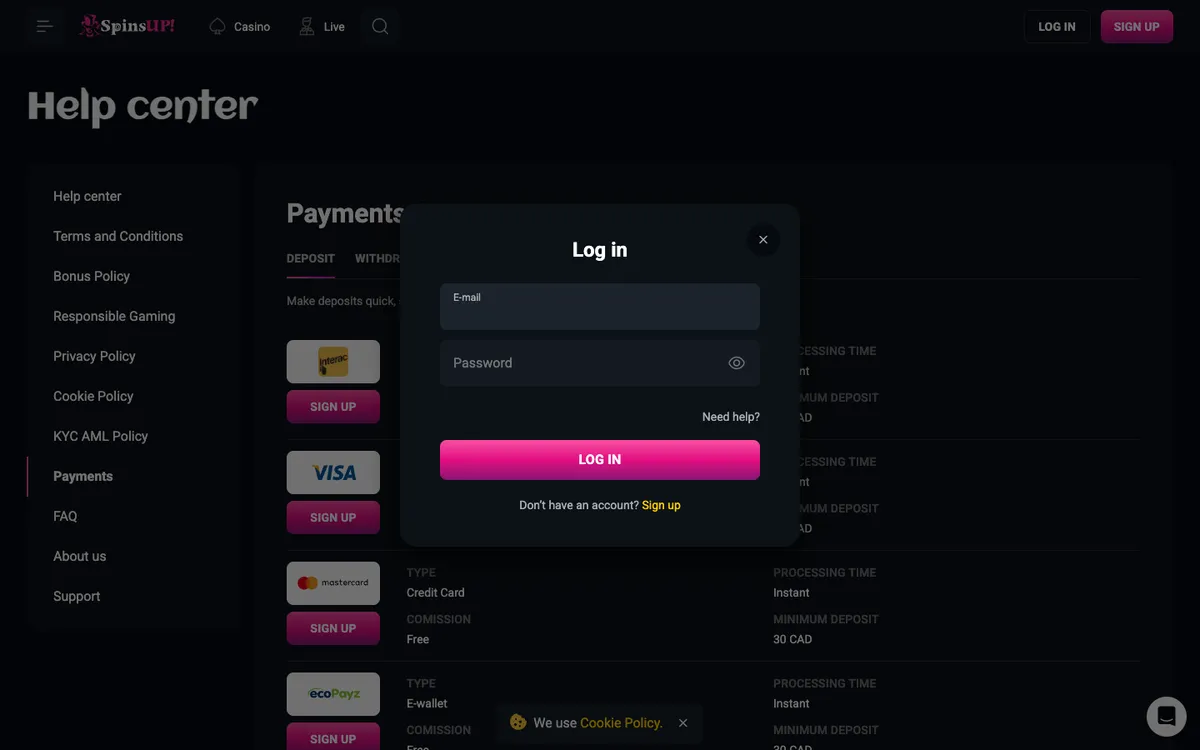 SpinsUP Casino — Sign-up, captured from Canada