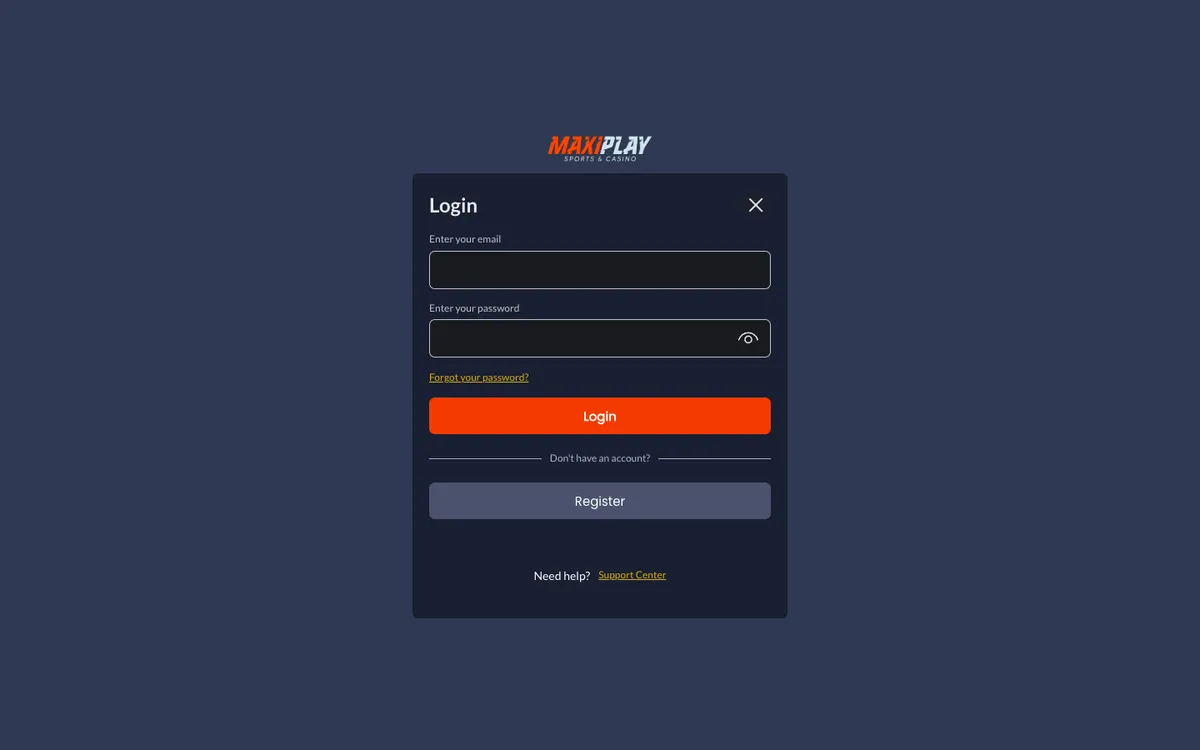 MaxiPlay Casino — «Регистрация», снято из страны Великобритания