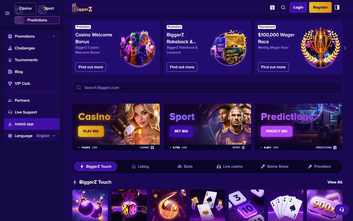 BiggerZ Casino — «Главная», снято из страны Канада