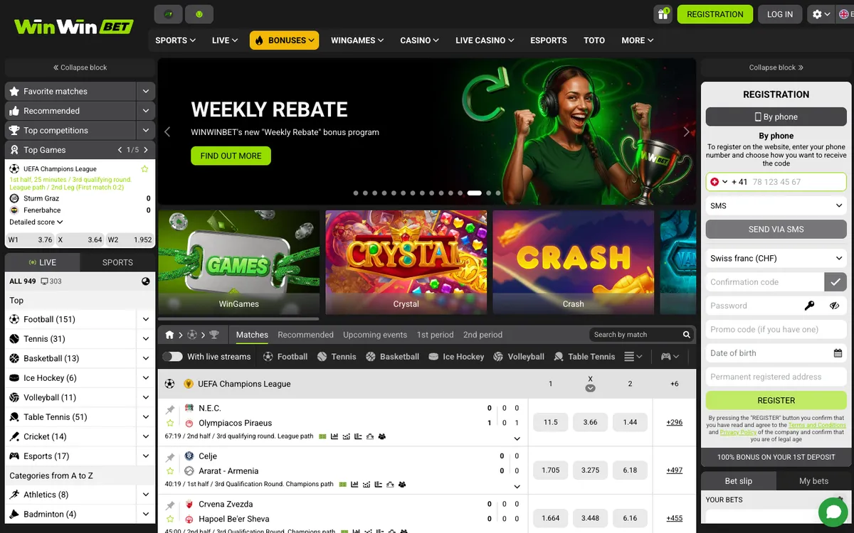 WinWinBet Casino — Home page, captured from Switzerland