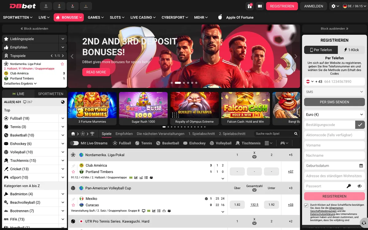 DBbet Casino — Home page, captured from Austria