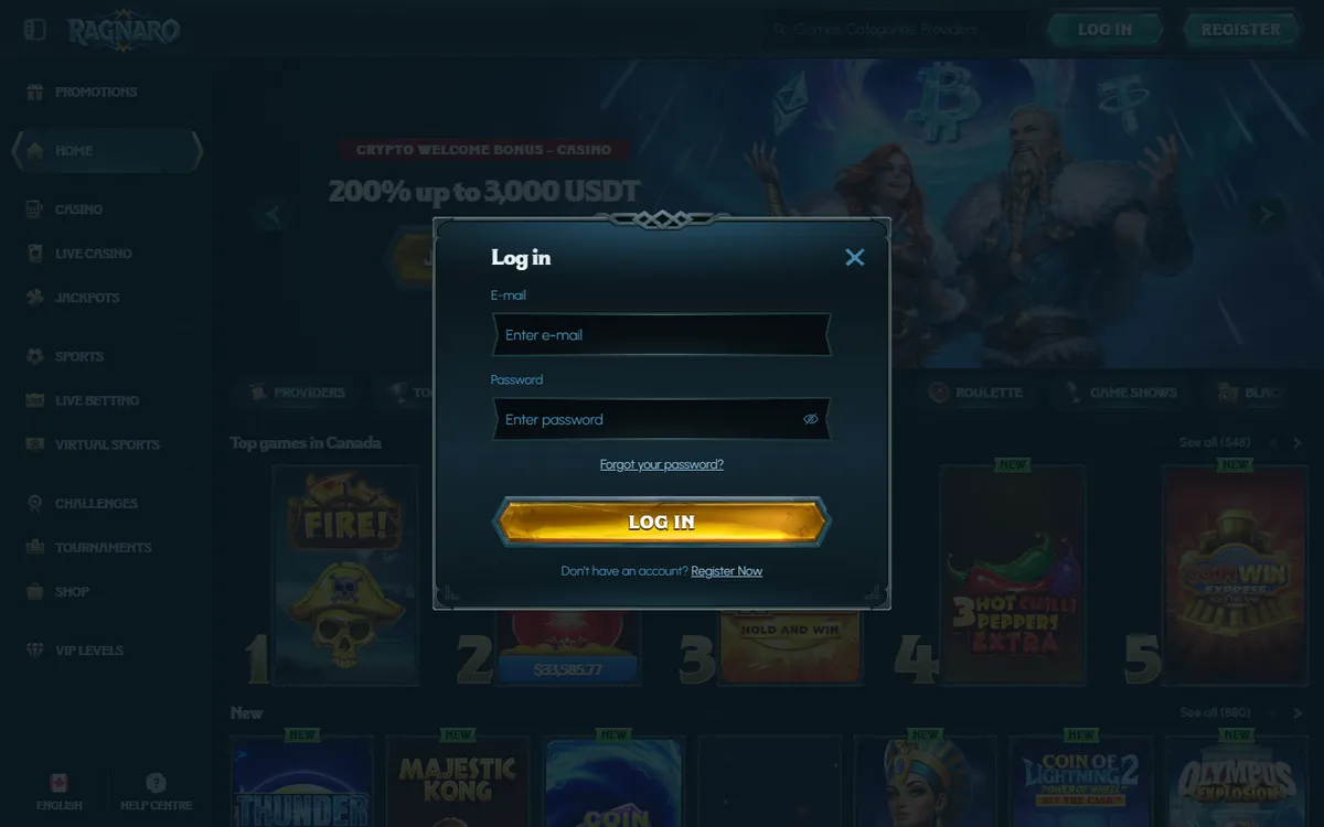 Ragnaro Casino — Sign-up, captured from Canada