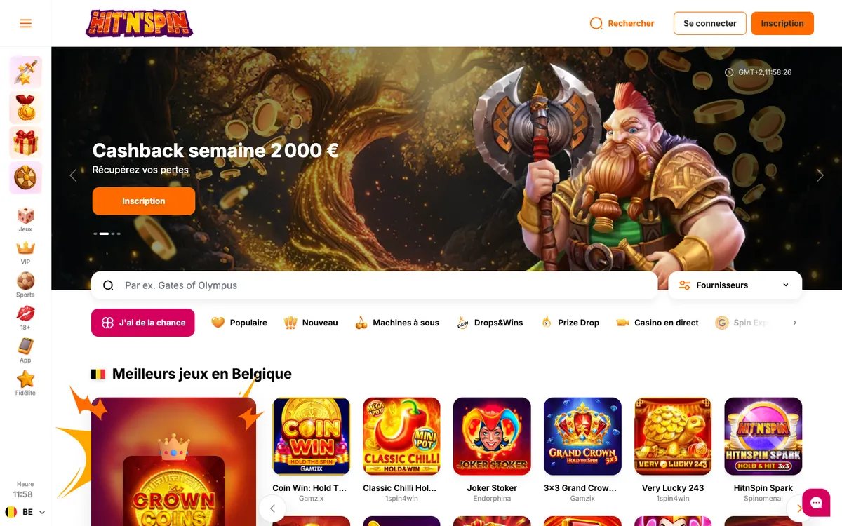 HitNSpin Casino — Home page, captured from Belgium