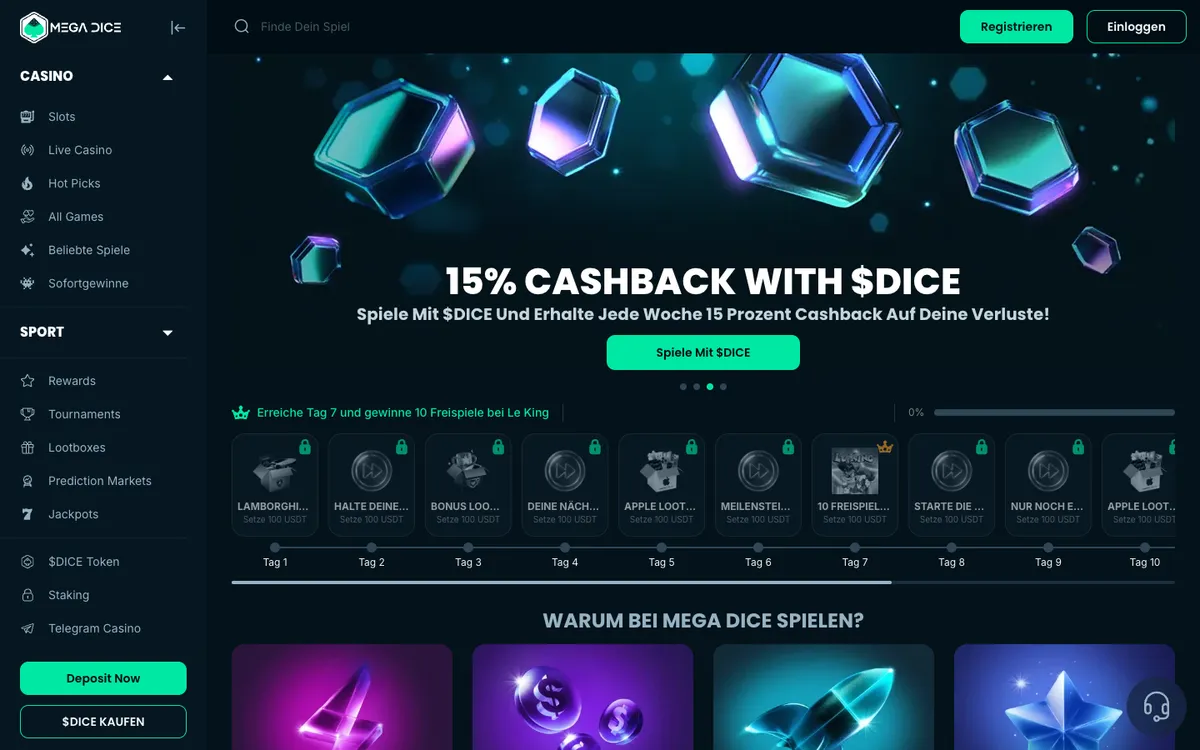 Mega Dice Casino — Home page, captured from Austria
