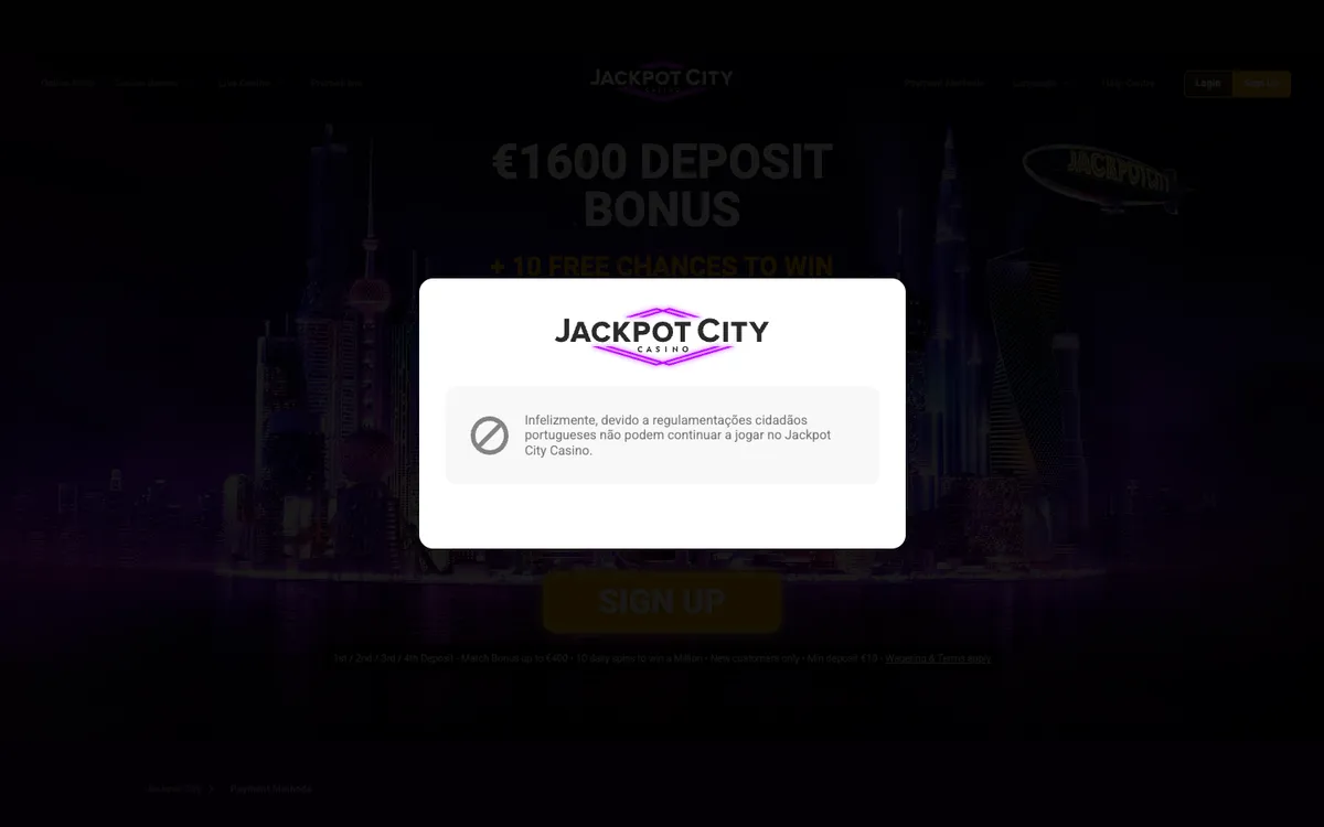 Jackpot City Casino — Payments, captured from Portugal